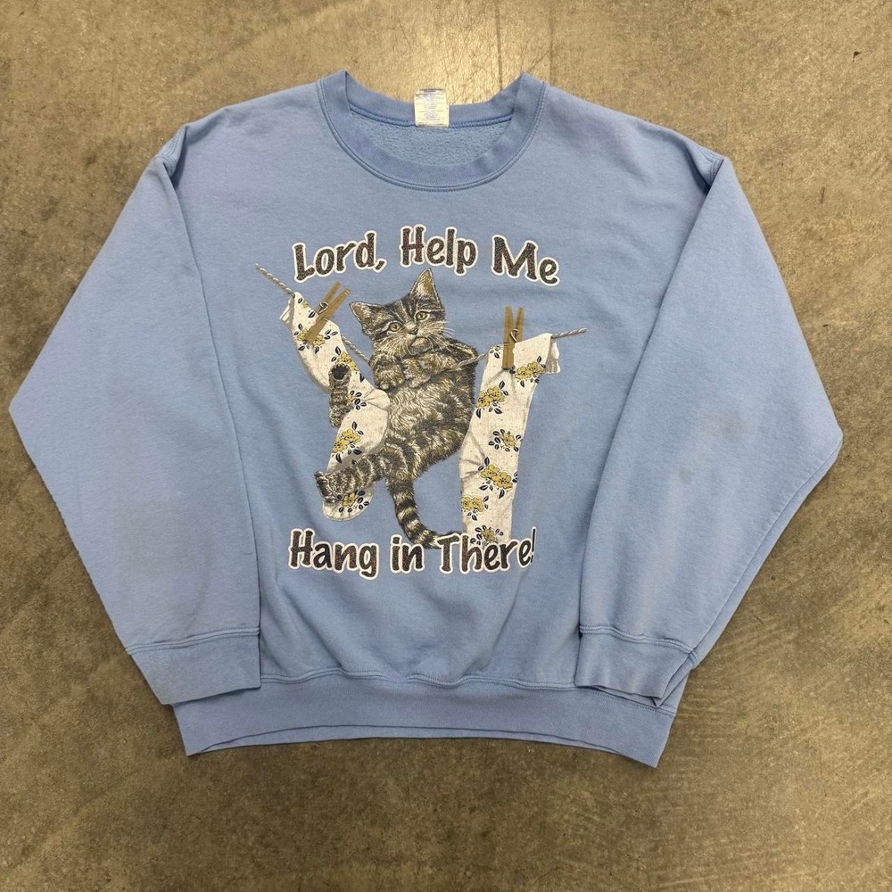 Women's Cat Crewneck Baby Blue Jesus Boxy Cropped Soft Cotton Pullover Large